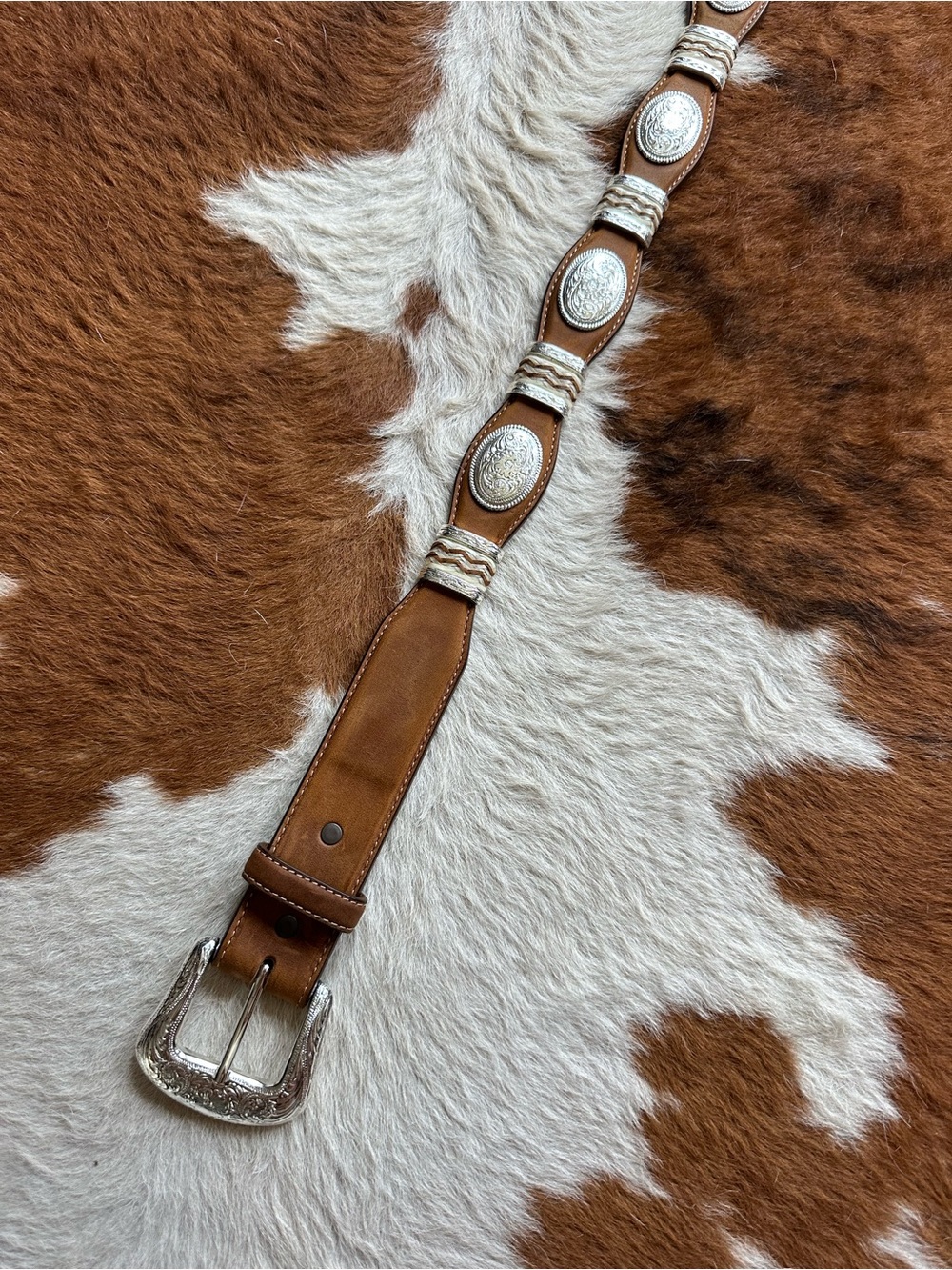 Tony lama Western Tooled Leather Belt with Silver Conchos - Tan
